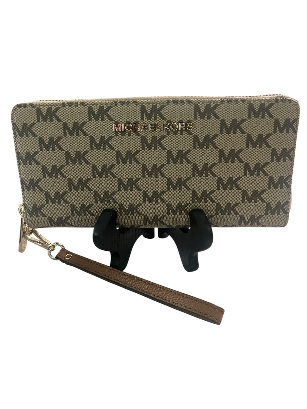Very Good Condition Michael Kors Brown Beige Signature MK Zip Wristlet Gold HW